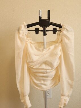 Astr Cream Ruched Blouse with Puff Sleeves